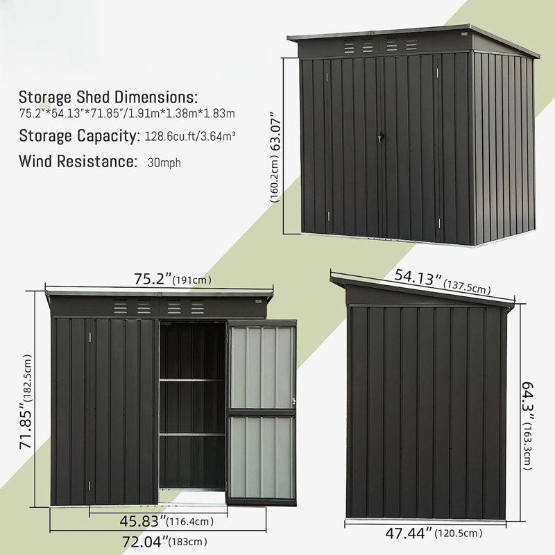 Galvanized Steel Shed With Double Lock System - 6x4ft, Black 6x4ft Metal Waterproof & Ventilation Storage