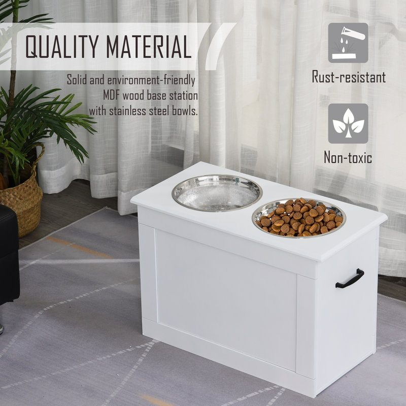 White Elevated Pet Feeder with Stainless Steel Bowls and Storage