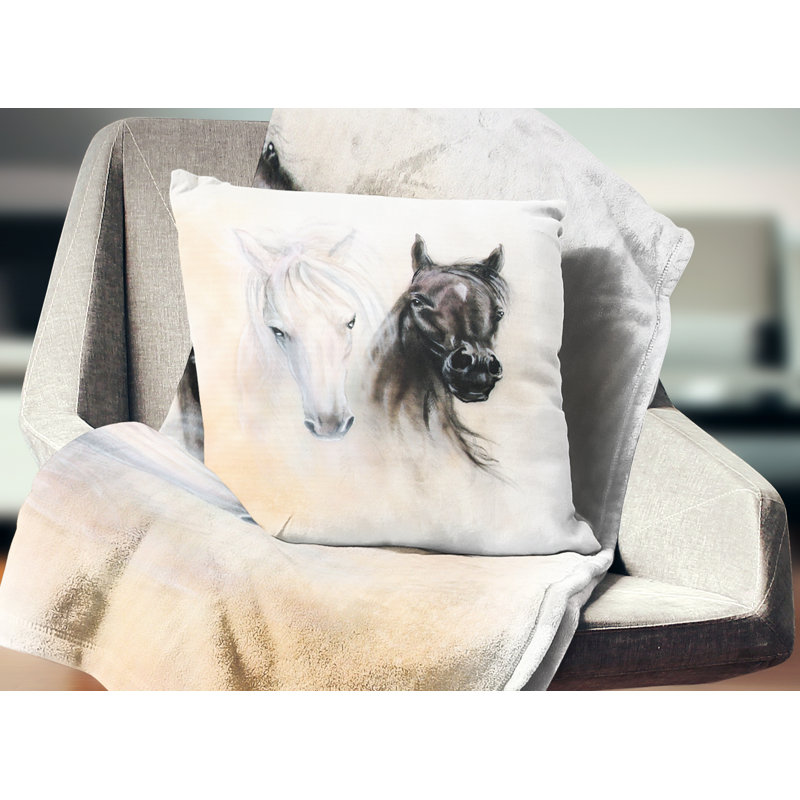 Têtes de cheval noires et blanches - Coussin imprimé animal, 16 po x 1 po, Coussin décoratif