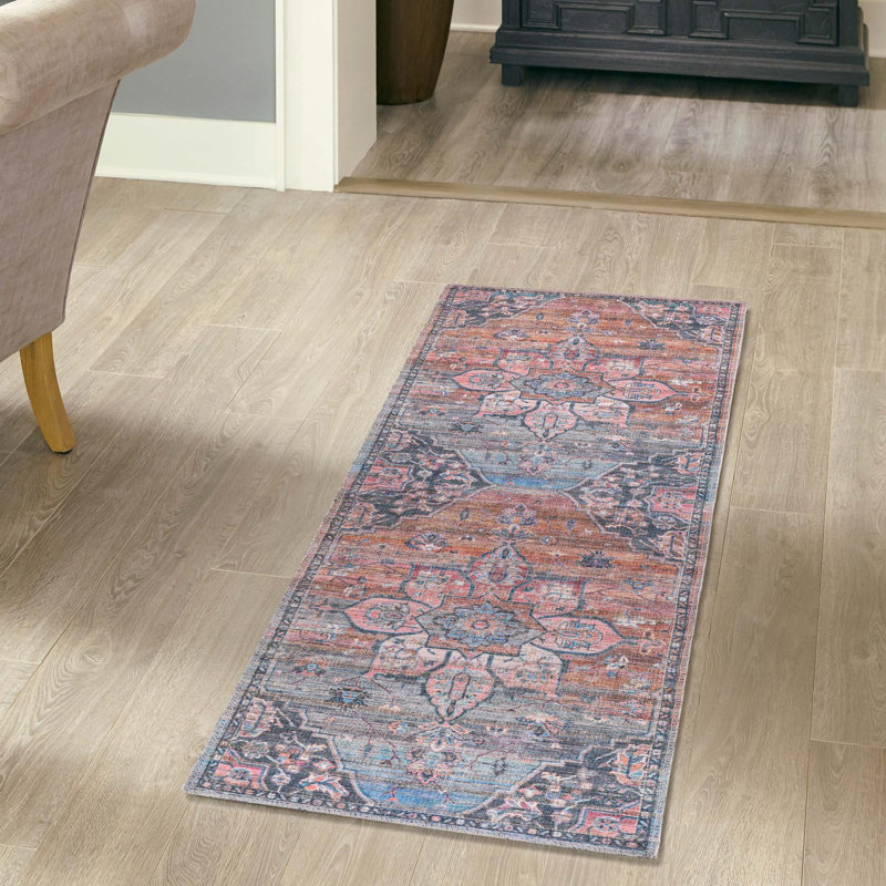 Tapis oriental rose / bleu Gwin, Tapis de couloir 2 pi x 10 pi