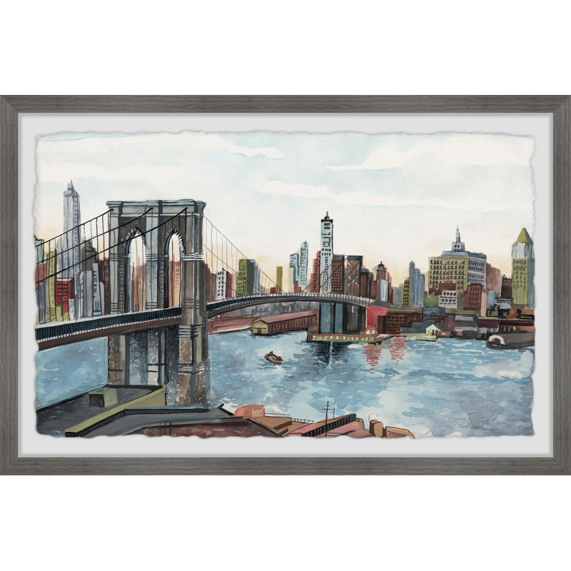 Pont vers la ville - Reproduction d'art sur papier encadrée, H 24 po x l 36 po x 1,5 po