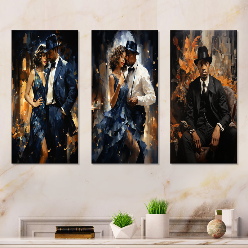 Ensemble de 3 décorations murales en métal Harlem Renaissance Jazz Age Couple - Couple, H 28 po x l 36 po