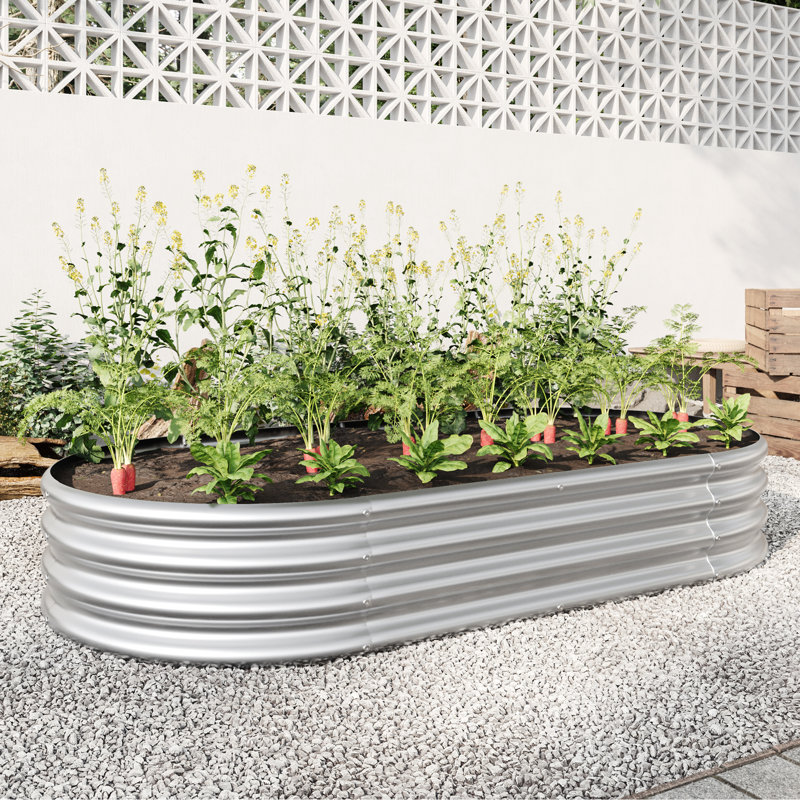 Lit de jardin surélevé en métal argenté, ovale pour bonheur - grand pot de fleurs argent, Argent argent