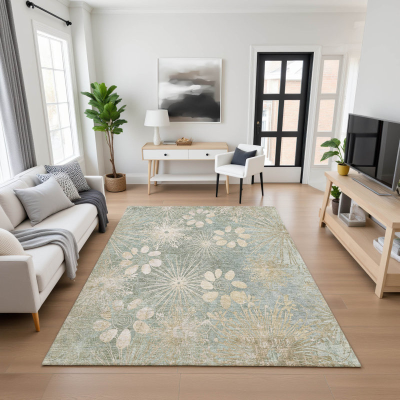 Premium Machine Washable Mayfield AMF2225 Floral Rug, Aloe, 9' x 12'