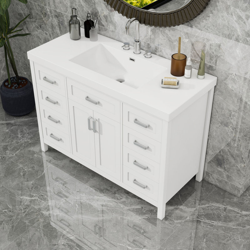 Meuble-lavabo en bois avec lavabo et tiroirs de rangement, Blanc