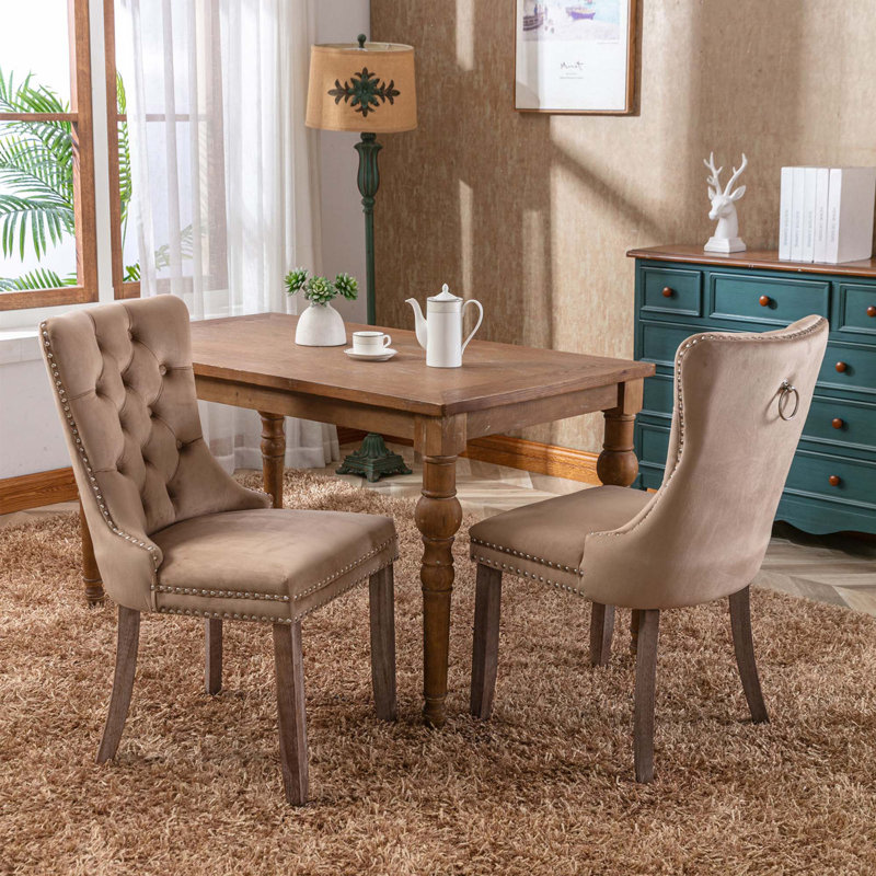 Tufted Solid Wood Velvet Upholstered Dining Chair, Velvet Khaki