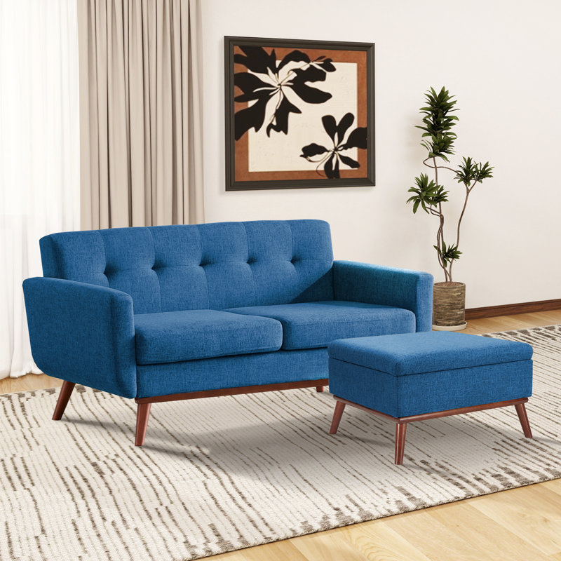  65" W Loveseat With Ottoman Tufted Upholstered Living Room Set, Blue