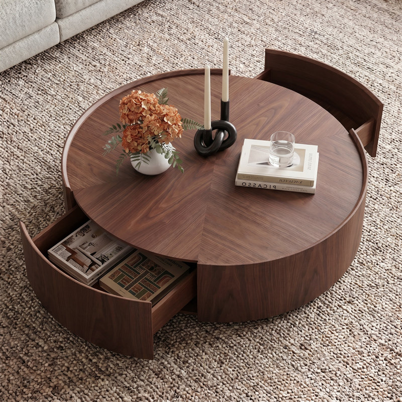 Table basse ronde en bois de noyer avec deux tiroirs de rangement, conception peu encombrante, Walnut