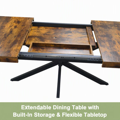 Table de salle à manger rectangulaire extensible rétro de 140 à 180 cm, piètement en métal croisé noir sablé avec coffre de rangement intégré (table seule)