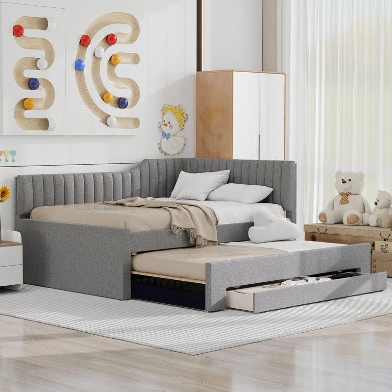 Upholstered Daybed With Trundle And Three Drawers, Gray, Full/Double