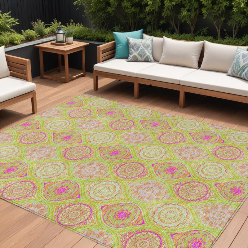 Tapis extérieur lavable à médaillon floral 9 pi x 12 pi vert lime
