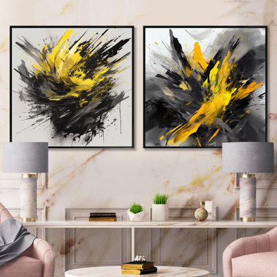 Evolving in Yellow Gray - Encre liquide - Formes abstraites carrées, ensemble de 2 collages