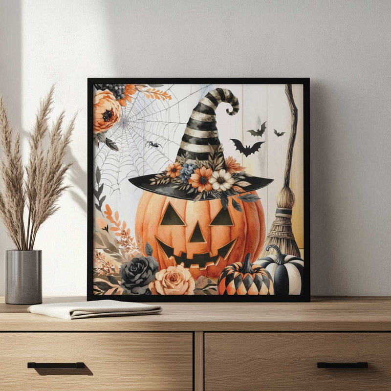 Reproduction d'art rétro Jack O'Lantern par Nicole DeCamp, L 12 po x H 12 po, Érable, Impression encadrée