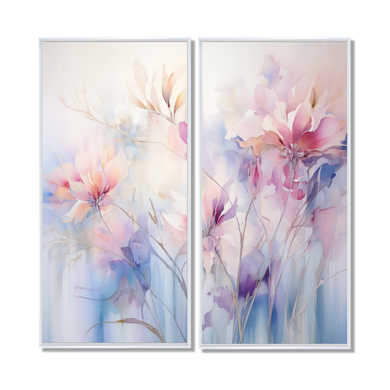 «Mauve Dreamy Florals II», art mural abstrait botanique 2 pièces, H 40 po x l 40 po, Impression encadrée flottante, Blanc
