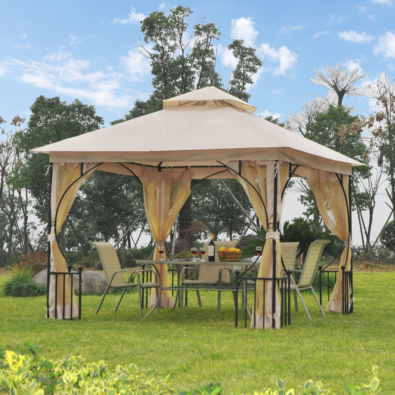 Outsunny 3 x 3m Garden Gazebo Double Tier w/Metal Frame Netting Beige