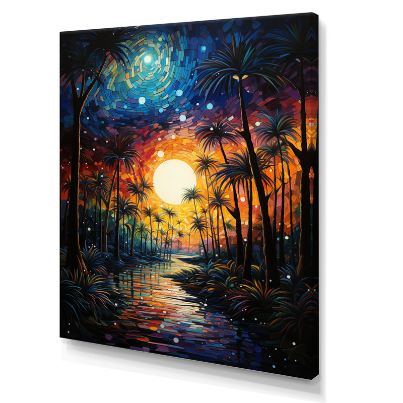 «Yaresi Pointillism Sunset Palm Trees II», reproduction sur toile, H 44 po x l 34 po x P 1,5 po, Toile tendue