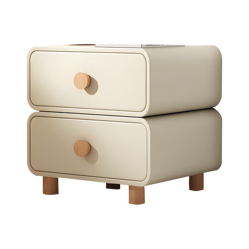 No-Assembly 2-Drawer Nightstand | Cream Upholstered Bedside Table with Solid Wood Handles for Bedroom & Living Room