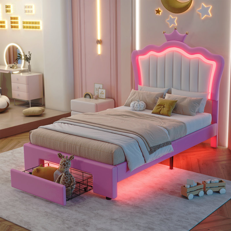 Structure de lit simple tapissier avec lumières DEL, lit princesse rembourré moderne avec tête de lit couronne, tiroir, rose et blanc