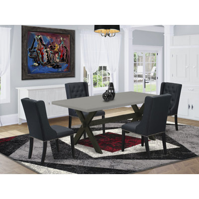 Ensemble de table de salle à manger 5 pièces comprenant une table de cuisine rectangulaire avec pieds en X et 4 chaises de salle à manger Parsons en tissu noir, noir brossé