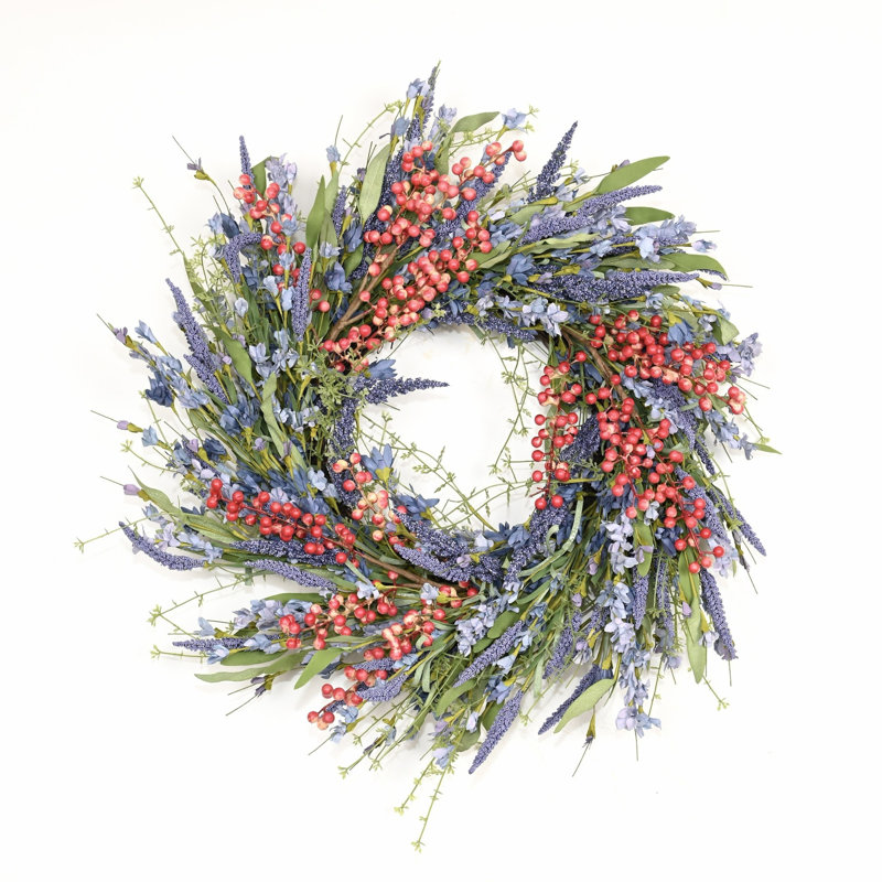 Couronne de fleurs artificielle 22 po avec fleurs et feuilles, Rose
