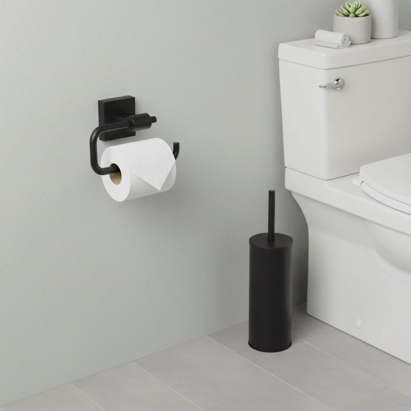 Un porte-papier hygiénique mural noir mat avec un crochet à colonne unique de style européen. Un accessoire pratique de rangement et d'organisation de salle de bain.