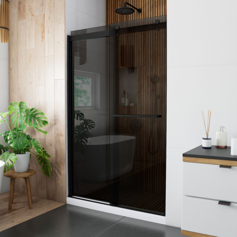 Sapphire 44" W x 76" H Bypass Semi-Frameless Shower Door, Smoke Gray, Matte Black