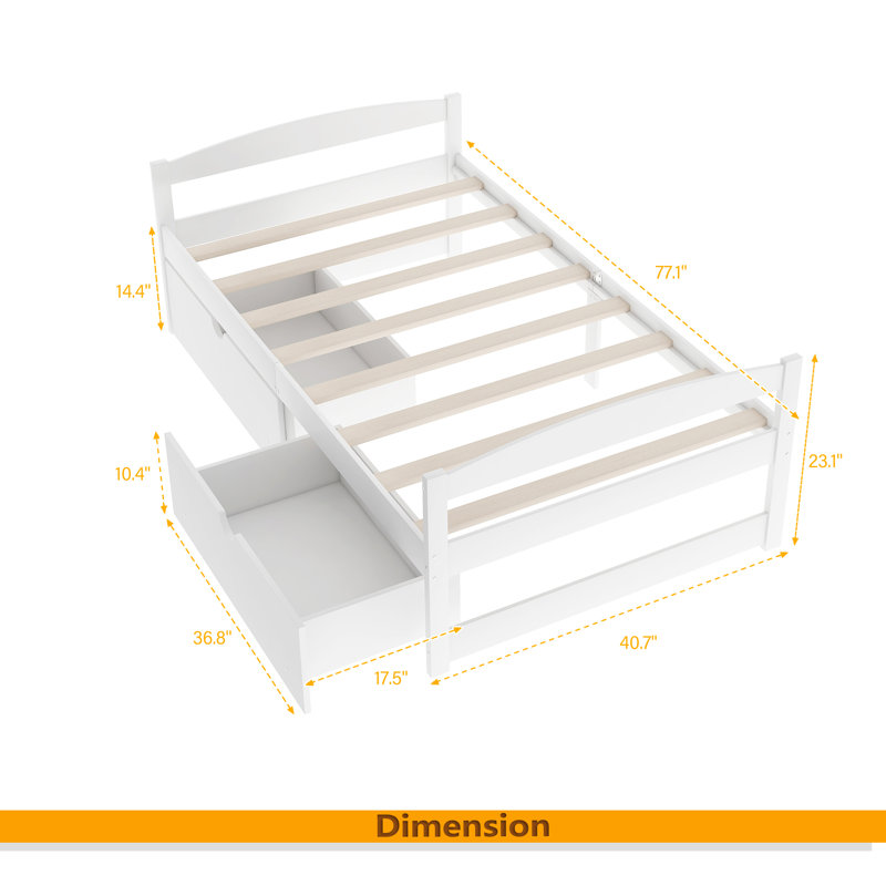 Twin Size Platform Bed, With Two Drawers, White