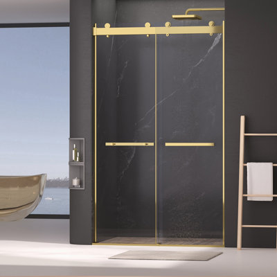 Double porte de douche sans cadre coulissante l 44 à 48 po x H 75 po, porte de douche coulissante avec porte de douche en verre trempé transparent de 5/16 po (8 mm), conception silencieuse à fermeture en douceur, salle de bain facile à nettoyer, or brossé