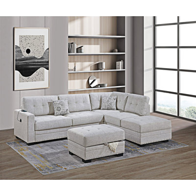 L-Shaped Upholstered Sectional Sofa With Ottoman