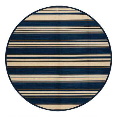Washable Deep Blue Cream Striped Area Rug