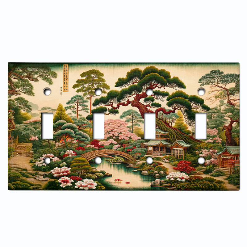 Couvercle de plaque d'interrupteur en métal; Bascule à 4 bandes US standard - Jardin japonais traditionnel, # 4 Quad bascule