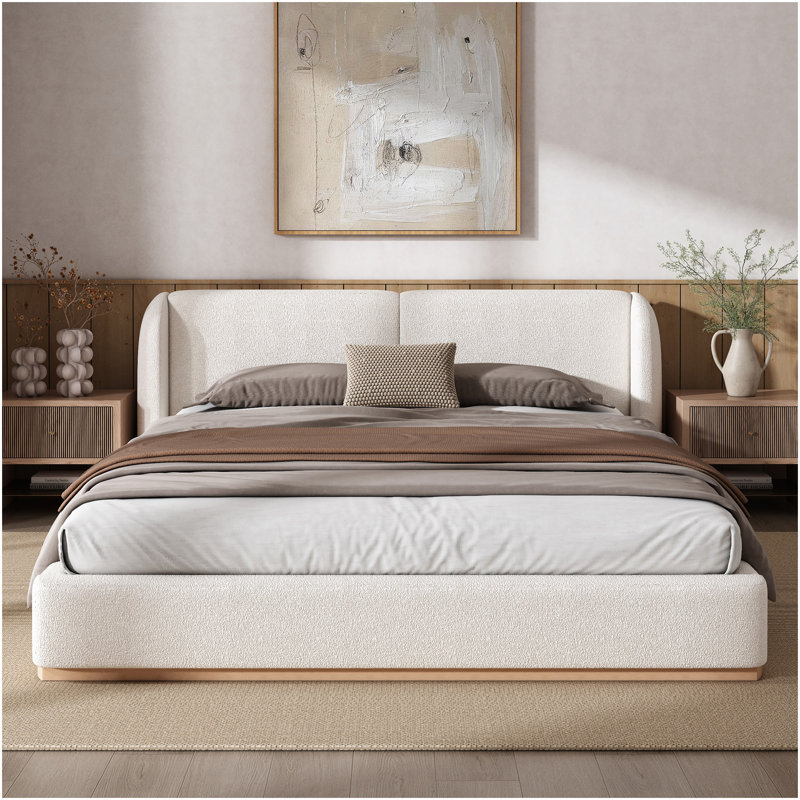 Queen-Size White Bed Frame With Boucle Upholstered Wingback Headboard & Solid Wood Base, Queen