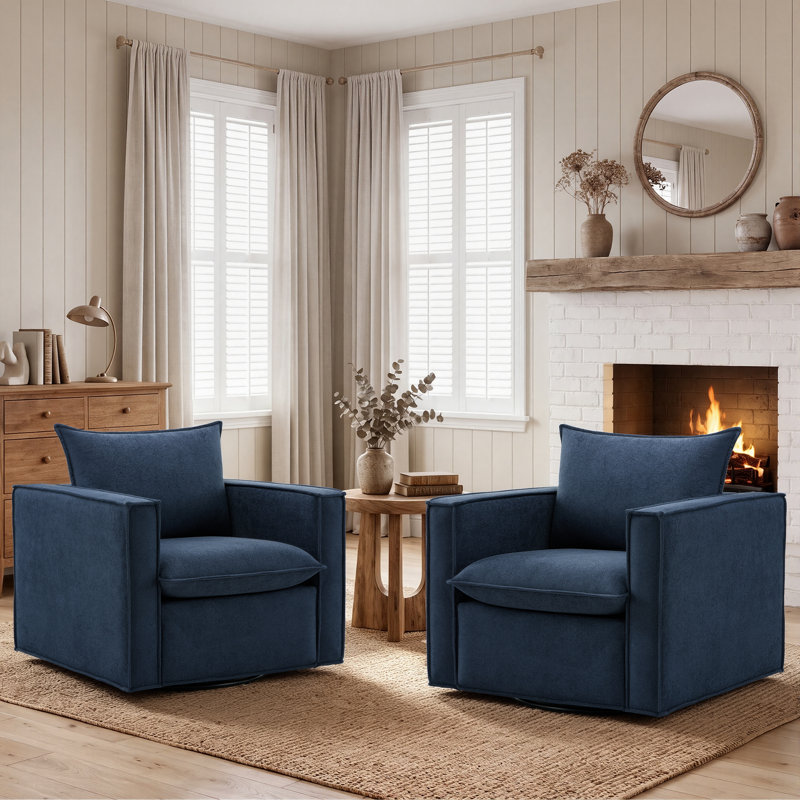 34.2" Wide Upholstered Swivel Accent Armchair, Blue Polyester
