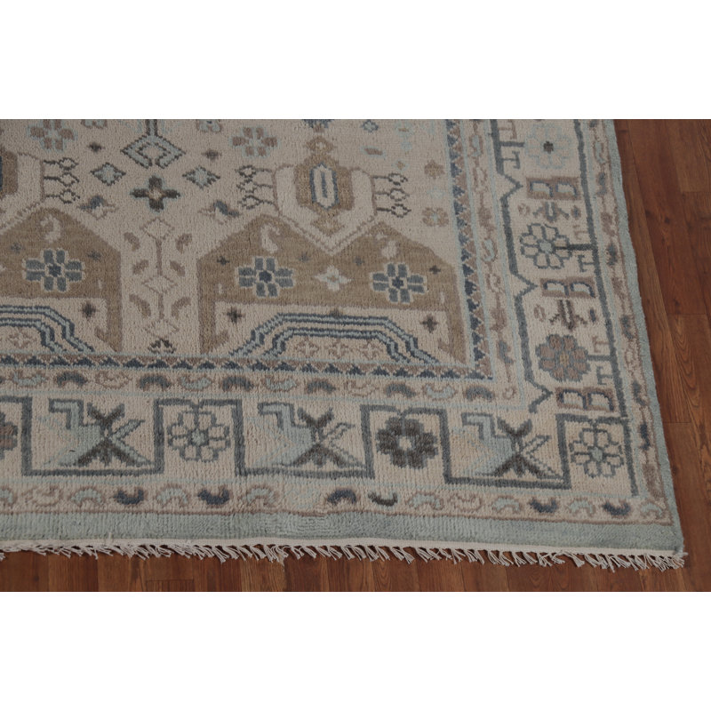 Tapis bleu clair à motif géométrique Oushak 9 x 12