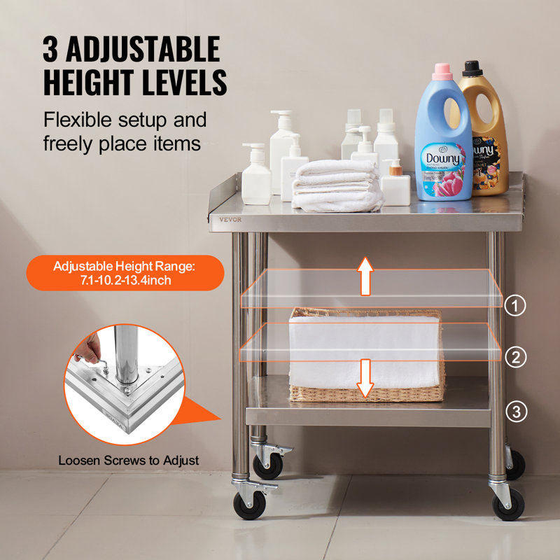 VEVOR Stainless Steel 28'' Adjustable Portable Work Table with Wheels