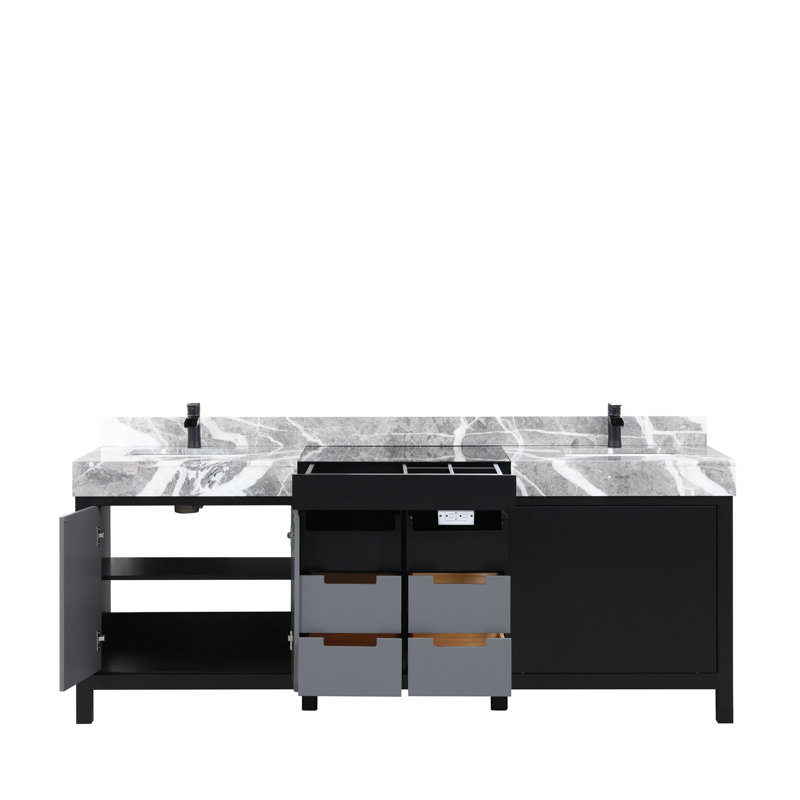 Ensemble de meuble-lavabo double avec plateau en marbre gris château et robinet noir mat