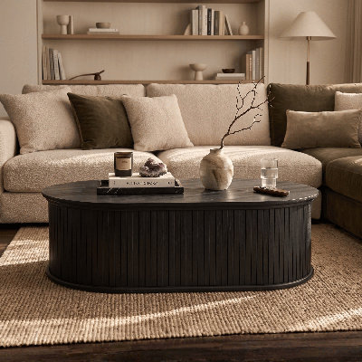 Stream Coffee Table Modern Oval Wooden Center Table with Removable Top Hidden Storage, Vertical Groove Design, Stylish Living Room Decor, Contemporary Minimalist Style for Home and Office, Easy Assembly, Burnt Black