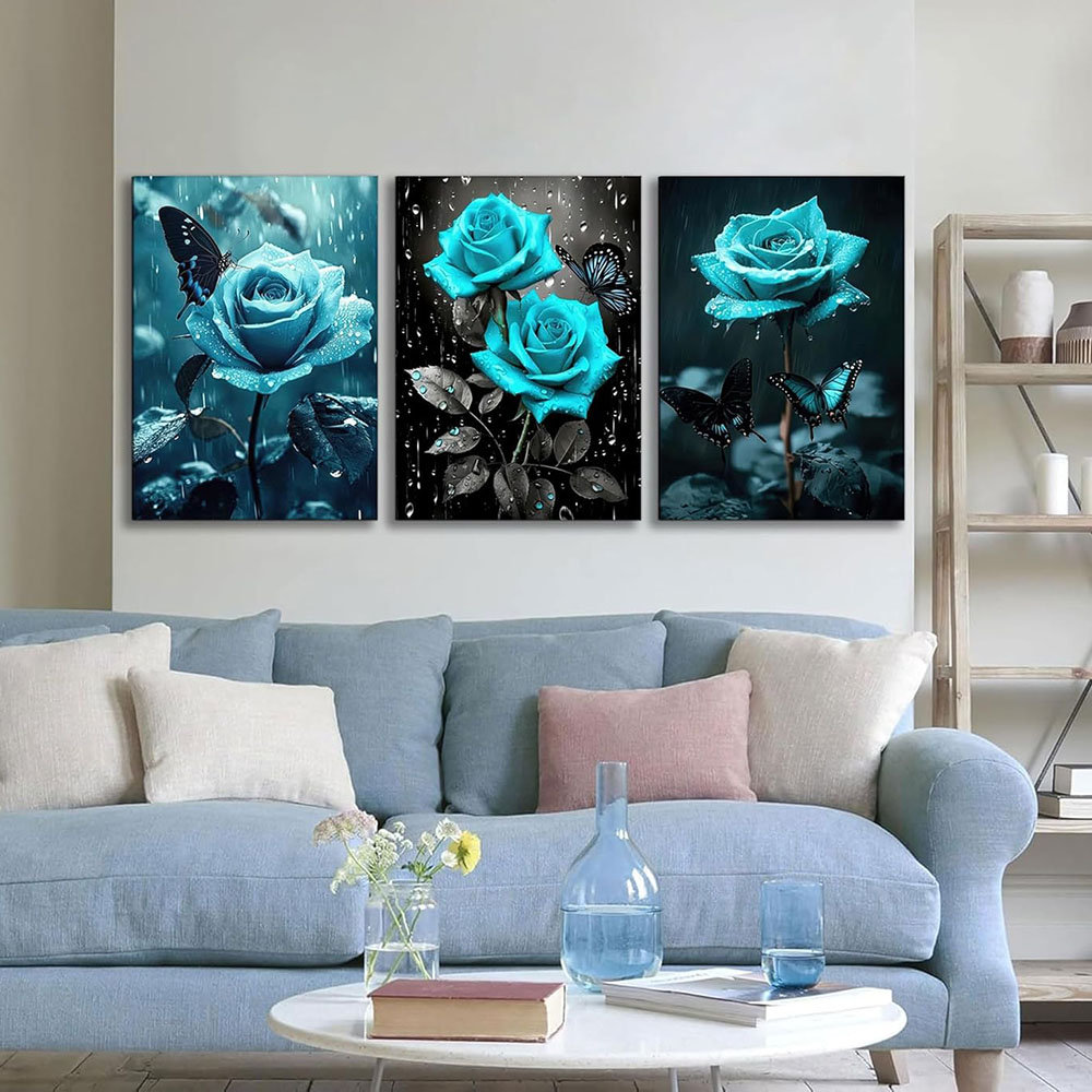 Canora Grey 3Pcs Elegant Teal Rose Canvas Wall Art Rain Drenched Rose ...