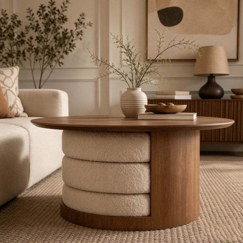 Table basse ronde en bois 31,5 "avec 3 tabourets gigognes en tissu Teddy, ensemble de table centrale multifonctionnel avec rangement caché Farmhouse