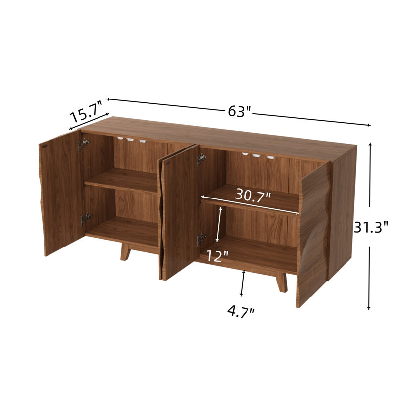 Buffet 63 "à motif de vagues moderne avec 4 portes, tablettes réglables et finition grain de bois noyer