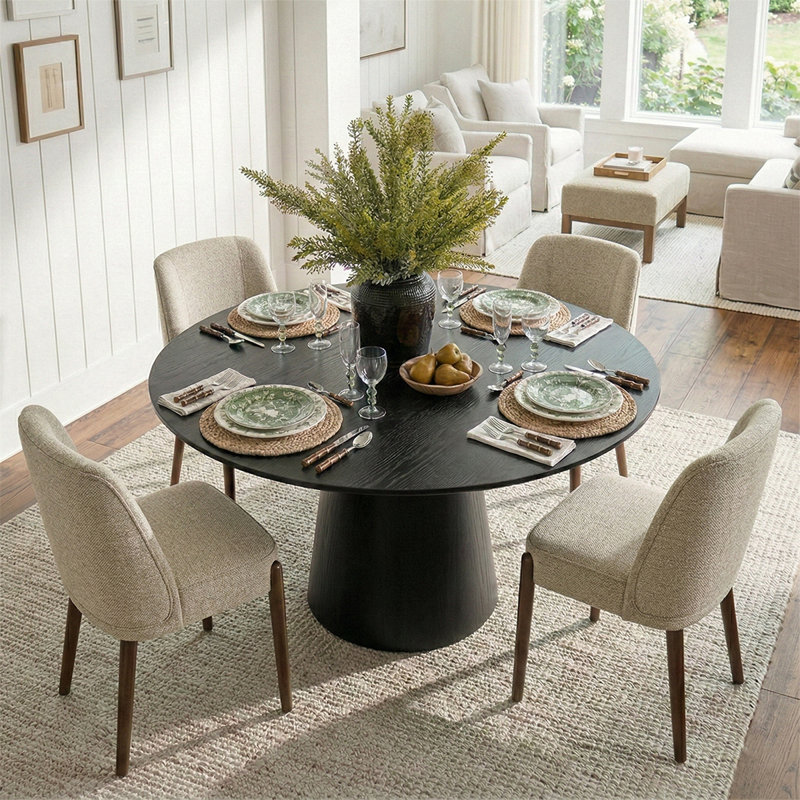 4 - Person Dining Table Sets With Round Table & 4 Upholstered Side Chairs, Beige