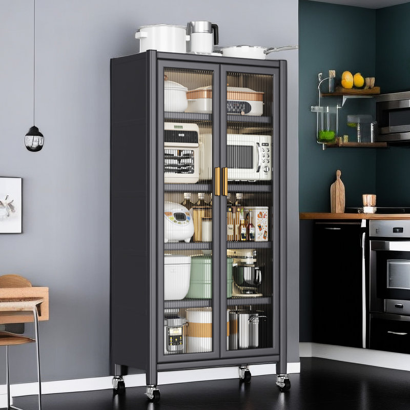 Armoire de cuisine grise: rangement de plafond en métal avec portes doubles, support de 250 kg et roulettes pivotantes en douceur