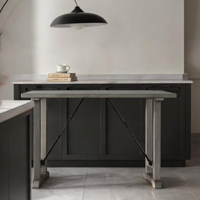 Table de salle à manger de 54 po à hauteur de comptoir rectangulaire pour 4 personnes, base en tréteaux industriel en bois manufacturé de placage d'acacia gris doux et noir