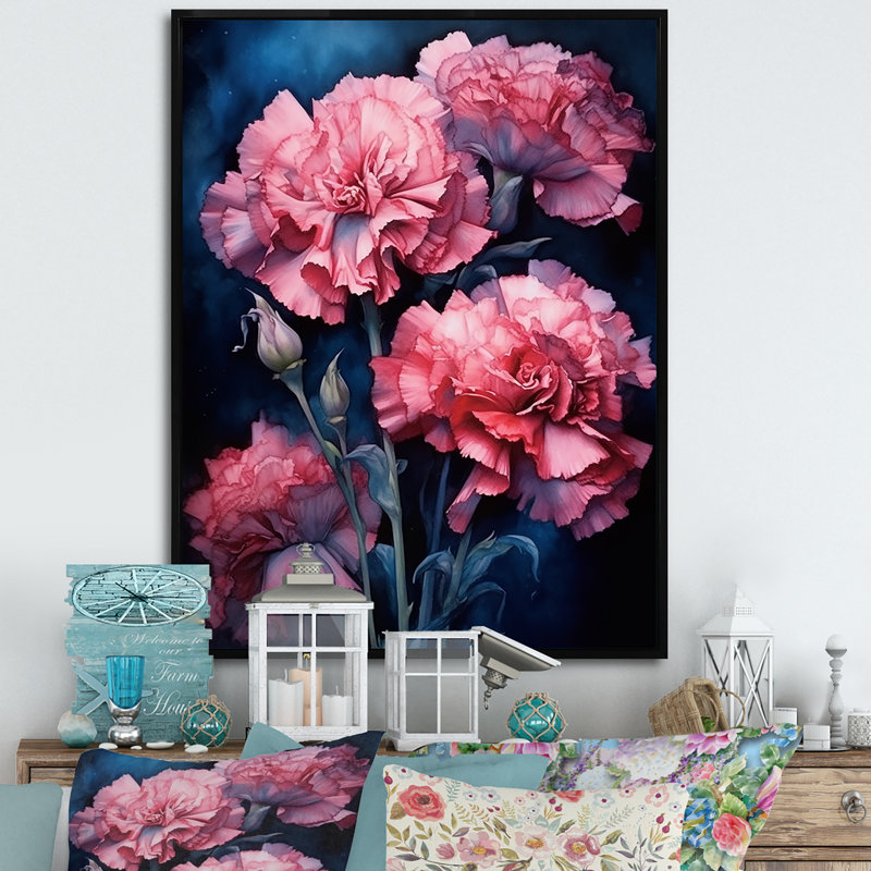 Œillets roses sur encre bleu marine - Œillets, impressions d'art mural, H 32 po x l 16 po x P 1 po, Cadre flottant noir