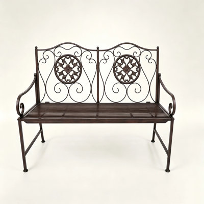 Banc de jardin d'extérieur classique, banc de terrasse en métal pour 2 personnes avec ornements en volutes, structure en acier robuste, dossier décoratif, idéal pour le porche, la pelouse, le jardin et la cour.