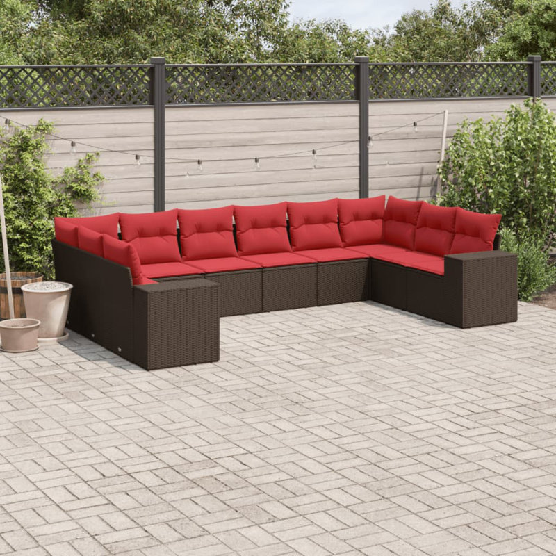 11 Piece Patio Sofa Set With Cushions Brown Poly Rattan, Red Cushion/Brown Frame