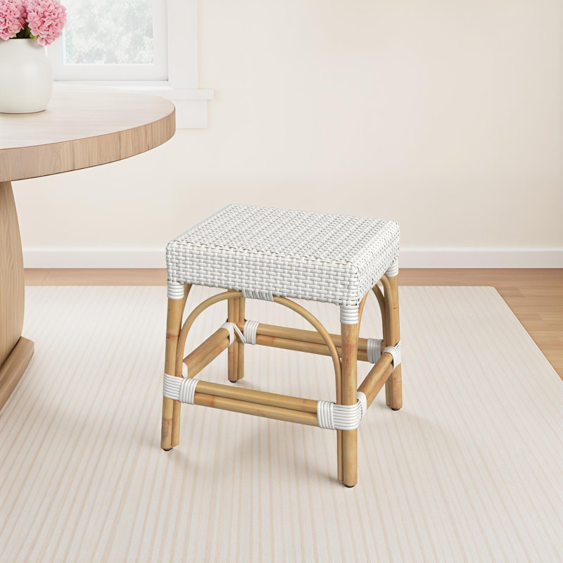 Lennart 18" Dining Stool, Glossy White/ Natural Rattan Frame