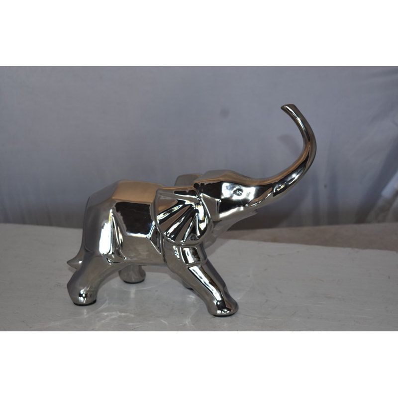 Silver Ceramic Elephant Statue with High-Polish Finish
