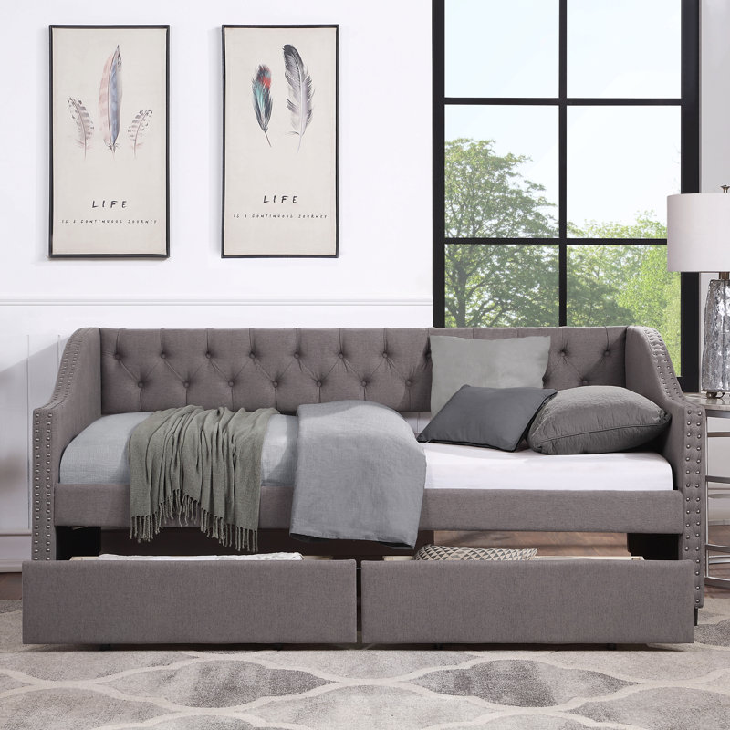 Upholstered Twin Size Daybed With Two Drawers, Wood Slat Support, Grey