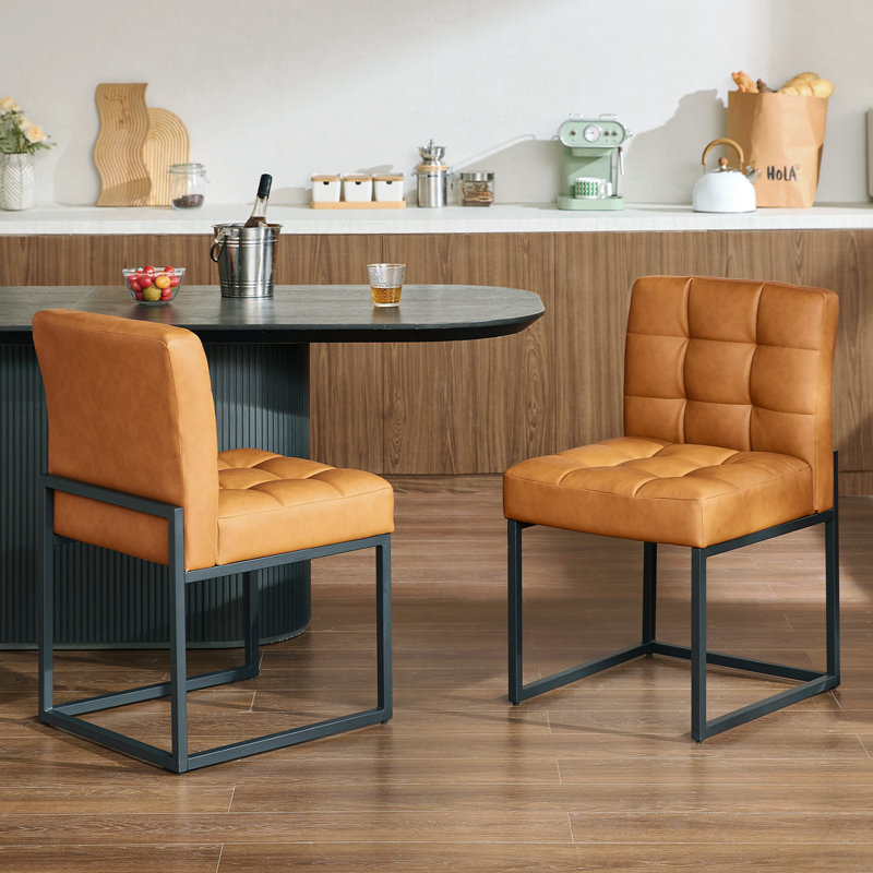 Brown Faux Leather Dining Chairs, Mid-Century Modern Dining Room Chairs with Armless, Checkered Kitchen Chair with Metal Legs